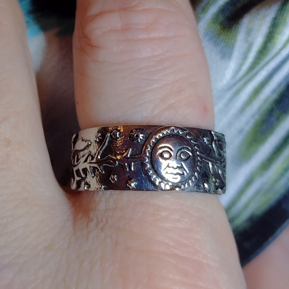 Size 11 - 925 Sterling Silver Sun and Moon Ring Band